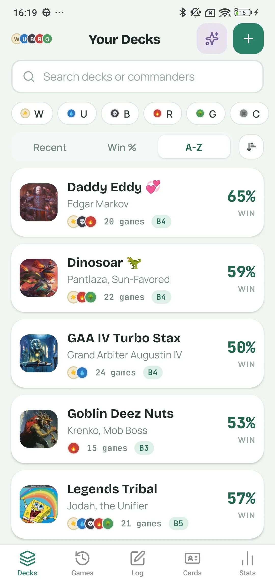 WUBRG app home screen showing Commander decks and recent results