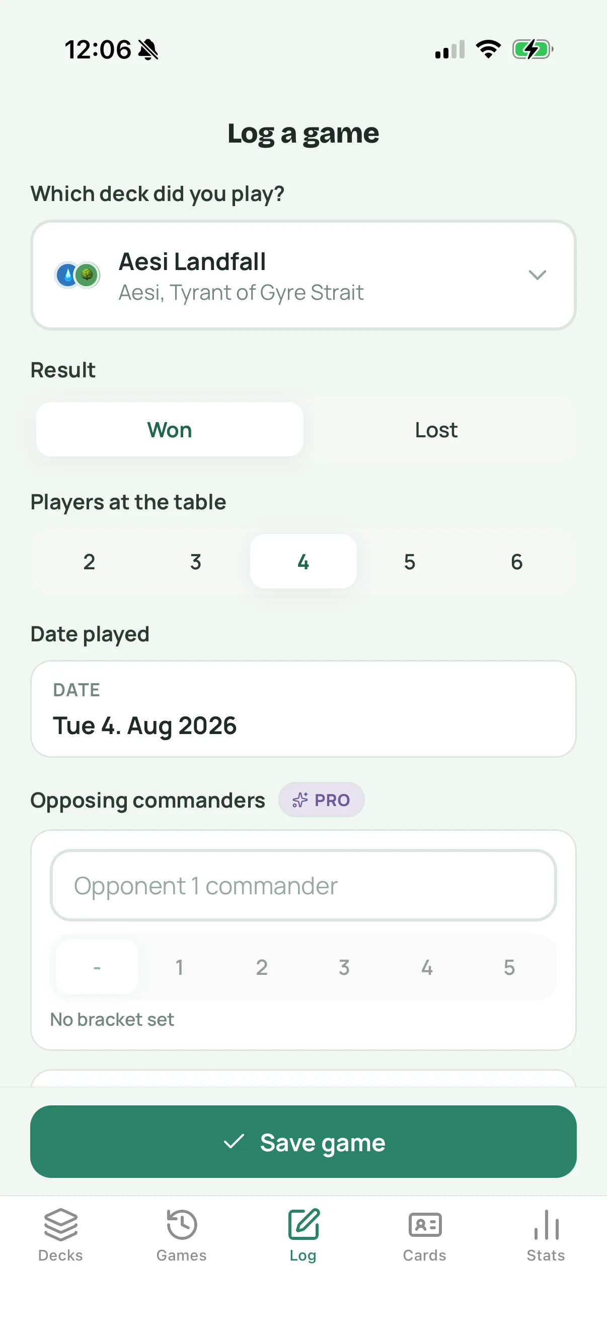 WUBRG screen for logging a completed Commander game